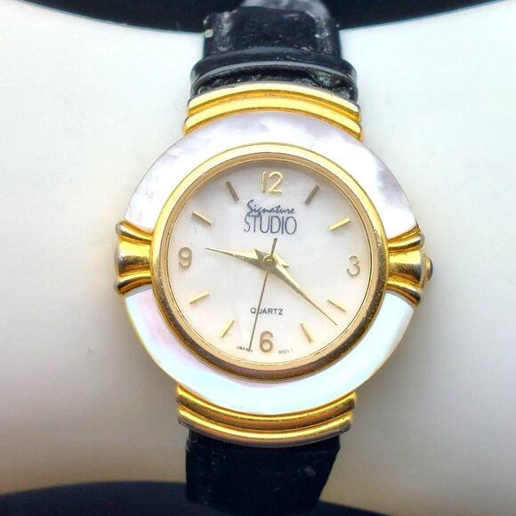 Vintage Signature Studio Quartz Watch Gold & Silver Tone Black Leather Strap - Picture 1 of 10
